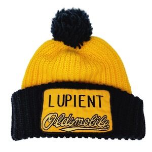 Vintage Oldsmobile Lupient Pom Pom Beanie Hat Yellow Navy Blue Knit Winter Retro
